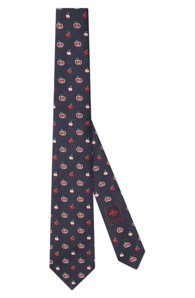 Shop Gucci Gg Apple Silk Jacquard Tie In Midnight Blue/red