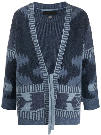 Shop Alanui Wool Patterned Cardigan Kimono With Front Tie In Blue