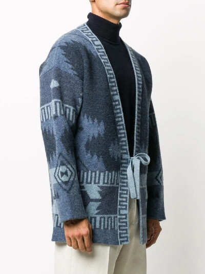 Shop Alanui Wool Patterned Cardigan Kimono With Front Tie In Blue