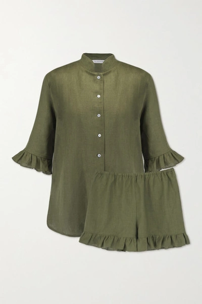 Shop Sleeper Ruffled Linen Pajama Set In Army Green