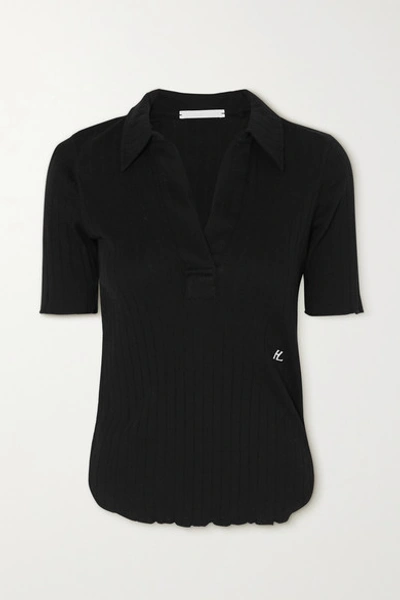 Shop Helmut Lang Ribbed Cotton Polo Shirt In Black