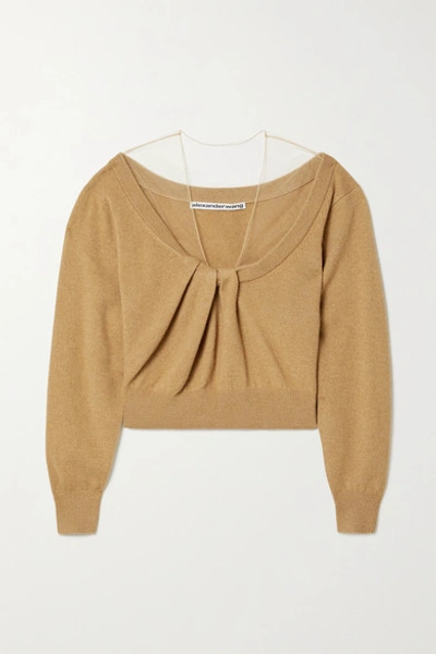 Shop Alexander Wang Cropped Tulle-trimmed Wool-blend Sweater In Light Brown