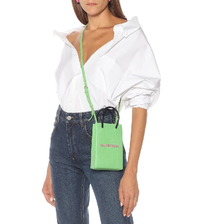 Shop Balenciaga Shopping Phone Pouch Leather Tote In Green