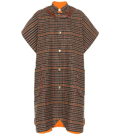Shop Burberry Leather-trimmed Checked Wool Cape In Brown
