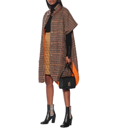 Shop Burberry Leather-trimmed Checked Wool Cape In Brown