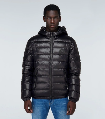 Shop Dolce & Gabbana Shiny Down Jacket With Plaque In Black