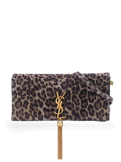 Shop Saint Laurent Kate Leopard Shoulder Bag In Black