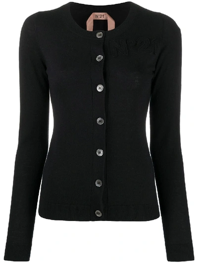 Shop N°21 Logo-embroidered Round-neck Cardigan In Black