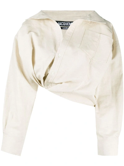 Shop Jacquemus Oversized Cropped Ruched Shirt In Neutrals
