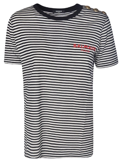 Shop Balmain Stripe Chest Logo Print T-shirt In Bianca