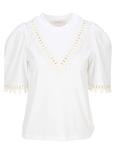 Shop See By Chloé See By Chloe Graphic Trim Embellished T-shirt In White Powder