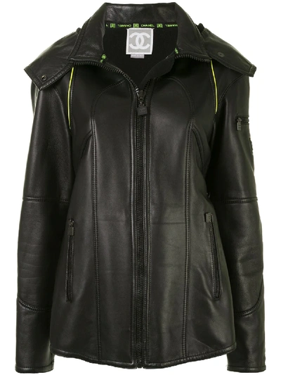 Pre-owned Chanel 2004 Sport Line Hooded Leather Jacket In Black