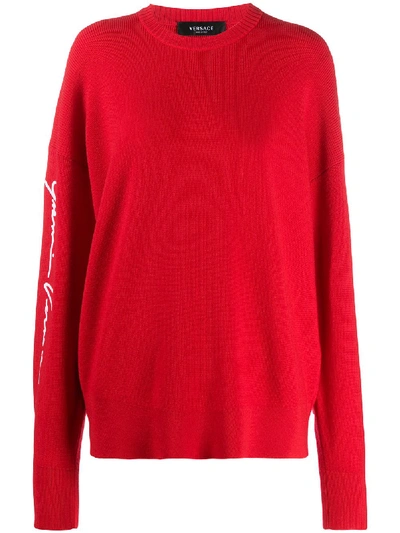 Shop Versace Logo Print Wool Jumper In Red