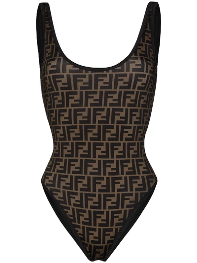 Shop Fendi Ff Logo Print Swimsuit In Brown