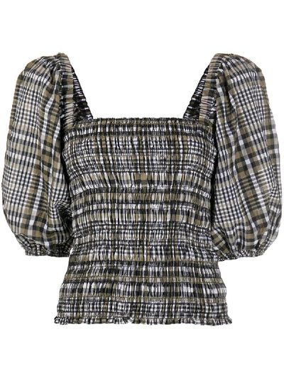 Shop Ganni Check-pattern Blouse In Green