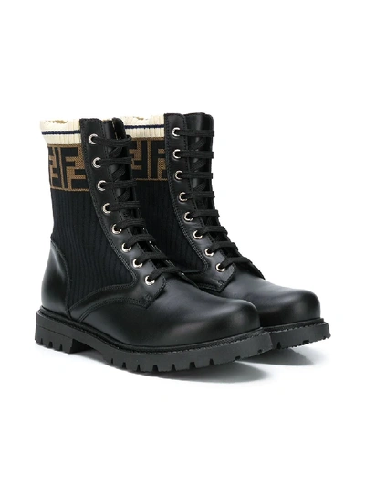 Fendi Ff Motif Lace-up Leather Boots In Black