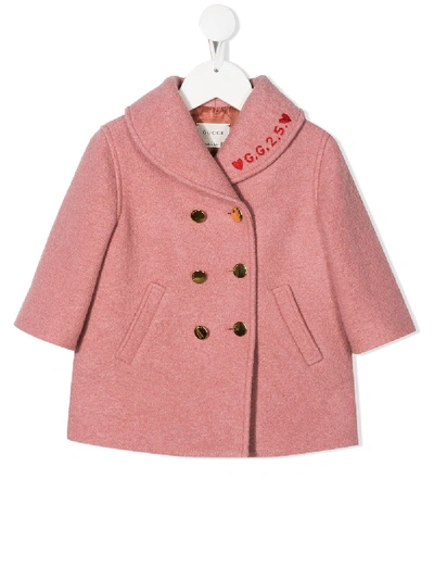 Shop Gucci Embroidered Double-breasted Coat In Pink