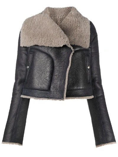 Shop Rick Owens Shearling Trimmed Leather Jacket In Grey