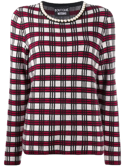 Shop Boutique Moschino Check Long-sleeve Jumper In White