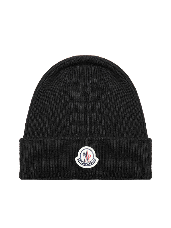 Moncler Logo-patch Ribbed Wool Beanie Hat In Black | ModeSens