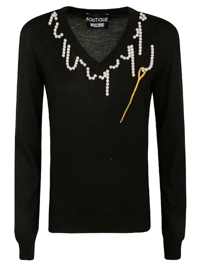 Shop Moschino Pearl Collar Embellished Jumper In Black