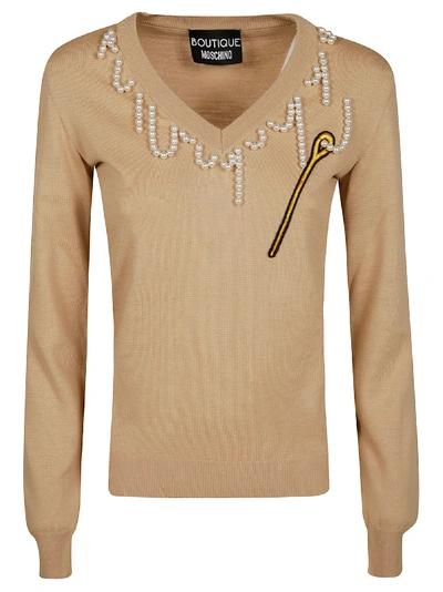 Shop Moschino Pearl Collar Embellished Jumper In Beige