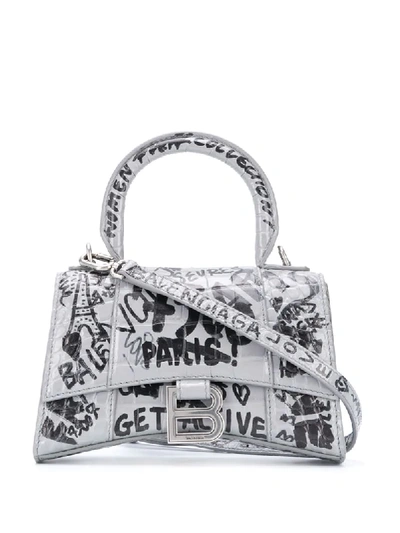 Balenciaga Hourglass Xs Top Handle Bag In Black Graffiti Printed Calfskin