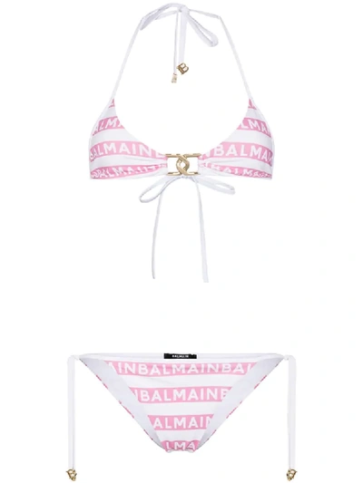Shop Balmain Logo Print Bikini In Pink