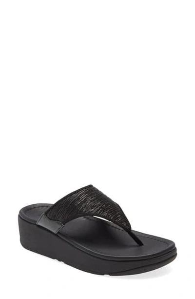 Shop Fitflop Myla Glitz Flip Flop In All Black Faux Leather