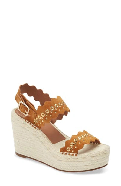 Shop Chloé Lauren Grommet Stud Scalloped Wedge Platform Sandal In 243 Natural Brown