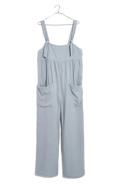 Shop Madewell Gauze Tie Strap Patch Pocket Overalls In Deep Navy