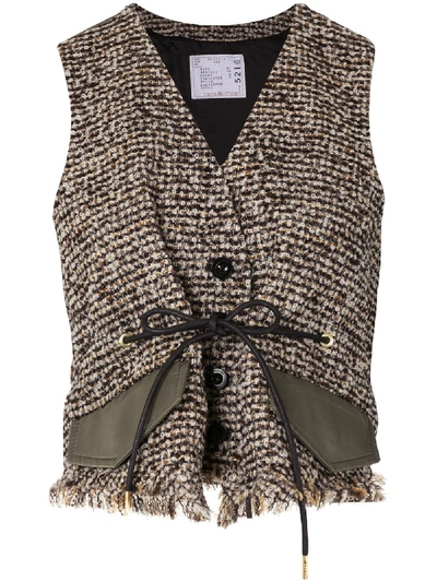 Shop Sacai Cropped Tweed Waistcoat In Brown