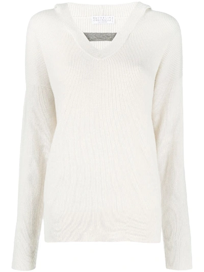 Shop Brunello Cucinelli Ribbed-knit Hooded Cashmere Jumper In Neutrals