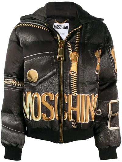 Shop Moschino Macro Biker Print Puffer Jacket In Black