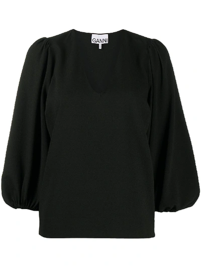 Shop Ganni Puff-sleeve Blouse In Black