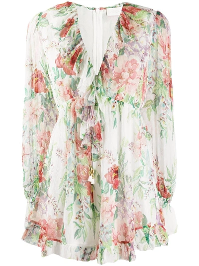 Shop Zimmermann Floral-print Silk Playsuit In Neutrals