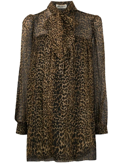 Shop Saint Laurent Leopard-print Flared Dress In Brown