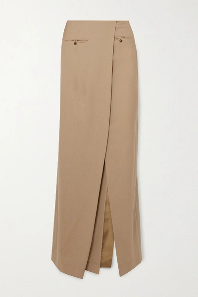 Shop A.w.a.k.e. Draped Asymmetric Wool Maxi Skirt In Beige