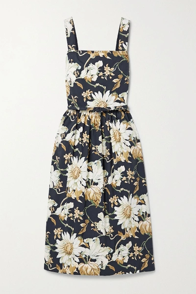 Shop Oscar De La Renta Belted Floral-print Cotton-blend Poplin Midi Dress In Midnight Blue