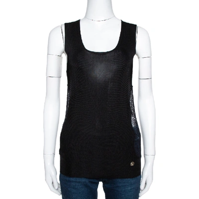 Pre-owned Roberto Cavalli Black Stretch Knit Lace Detailed Tank Top L