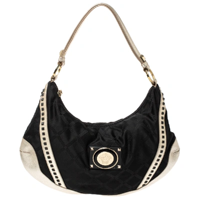 Pre-owned Versace Black/gold Nylon And Leather Studded Hobo