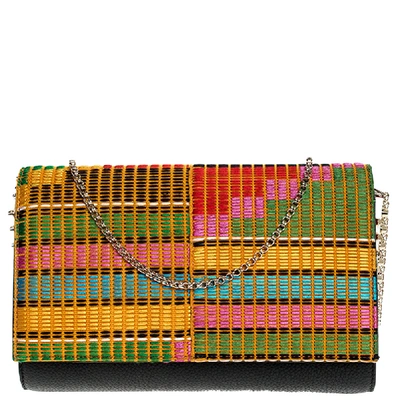 Pre-owned Christian Louboutin Black/multicolor Leather And Embroidered Fabric Paloma Chain Clutch