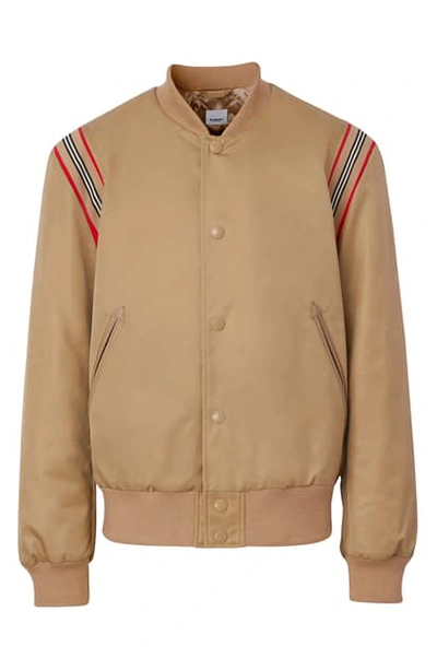 Shop Burberry Harwell Icon Stripe Leather Trim Twill Bomber Jacket In Honey
