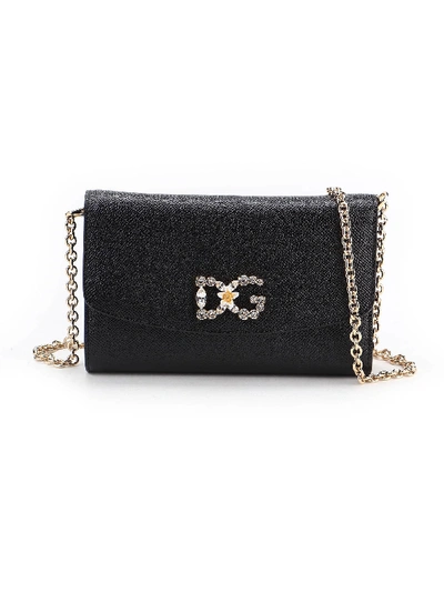 Shop Dolce & Gabbana Crystal-embellished Leather Logo Mini Bag In Nero