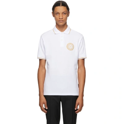 Shop Versace Jeans Couture White & Gold Logo Polo In Ek41 White