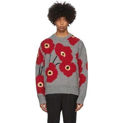 Shop Ami Alexandre Mattiussi Grey And Red Jacquard Flowers Sweater In Red 602