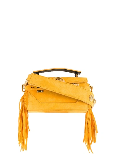 Shop Balmain Bbuzz Baguette Fringed Shoulder Bag In Yellow