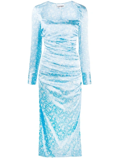 Shop Ganni Floral Long-sleeve Midi Dress In Blue