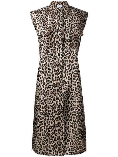 Shop Ganni Leopard-print Sleeveless Shirt Dress In Neutrals