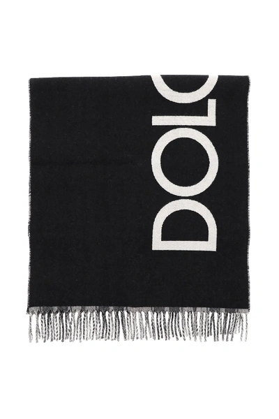 Shop Dolce & Gabbana Tartan And Logo Reversible Scarf In Black,white